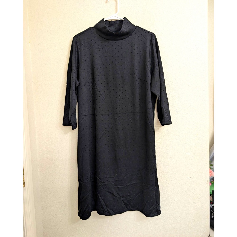 Liz Claiborne 20W Black Swiss Dot Mock Neck Midi Dress 3/4 Sleeve Plus Size